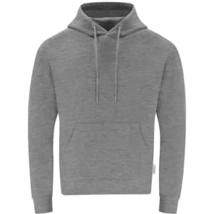 A grey adult hooded sweatshirt featuring a front pocket and a drawstring hood. It has a logo on the side.