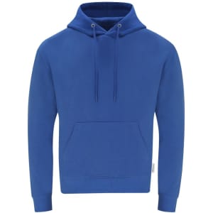 A blue adult hooded sweatshirt with a front pocket and drawstring hood. It features a logo on the side.