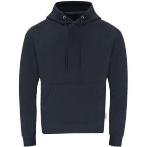 A navy adult hooded sweatshirt with a front pocket and drawstring hood. It features a logo on the side.