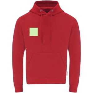 A red adult hooded sweatshirt featuring a front pocket and a small logo on the chest.