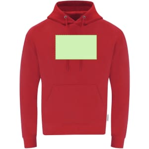 A red hooded sweatshirt featuring a front pocket and a logo on the chest area.