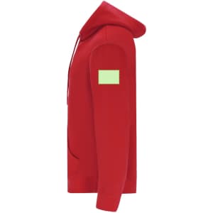 A red adult hooded sweatshirt with a pouch pocket and a logo on the sleeve.