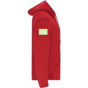 A red hooded sweatshirt with a pocket and a logo on the sleeve, displayed from the side.