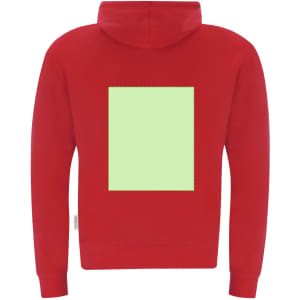 A red adult hooded sweatshirt featuring a blank green square on the back and a hood. It has a logo on the side.