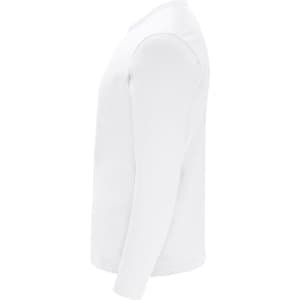 A white long-sleeved adult T-shirt displayed from the side, featuring a simple design and a logo on the front.