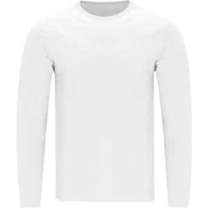A white long-sleeve adult T-shirt with a round neckline and a logo on the front.