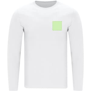 A plain white long-sleeve T-shirt featuring a small area for branding on the front.