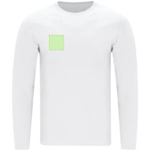 A white long-sleeve adult t-shirt featuring a blank green square for potential branding or design.
