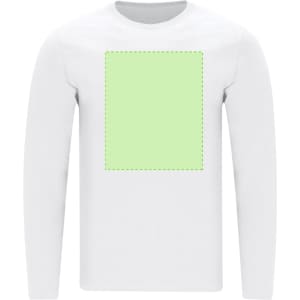 A white long-sleeve t-shirt featuring a blank green area. The shirt has a simple design and a logo.