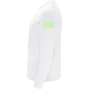 A white adult long-sleeve T-shirt featuring a logo area on the sleeve.