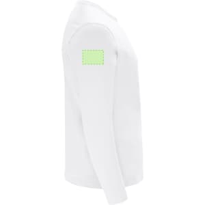 A white adult long-sleeve T-shirt with a blank area on the sleeve for branding or logos.