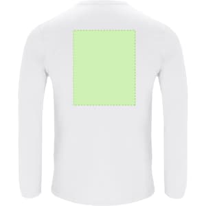 A white adult long-sleeve t-shirt featuring a blank green area on the back and a logo on the front.