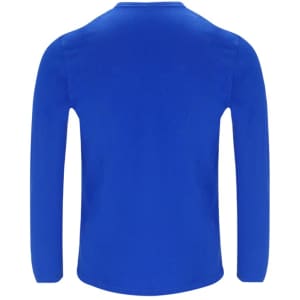 A blue adult long-sleeve T-shirt featuring a plain back with a logo on the neck.