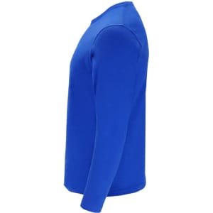 A blue adult long-sleeve T-shirt with a logo, viewed from the side.
