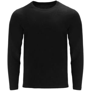 A black long-sleeve t-shirt with a round neckline. The shirt features a logo on the front.