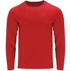 A red long-sleeve adult t-shirt with a round neckline and a small logo on the front.