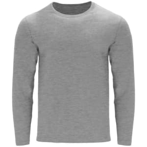 A grey long sleeve T-shirt featuring a round neck design and a logo.