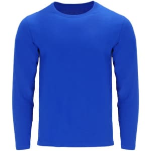 A blue adult long-sleeve T-shirt with a round neckline and a logo on the front.