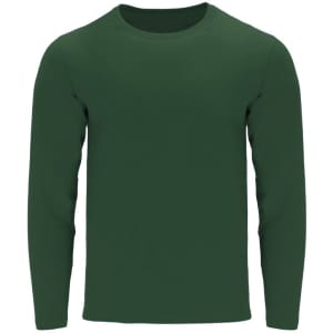 A long-sleeved, dark green adult T-shirt with a round neck and a plain design. It has a logo on it.