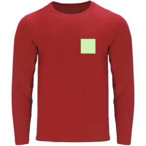 A red adult long sleeve T-shirt featuring a square patch. The shirt also has a logo on it.