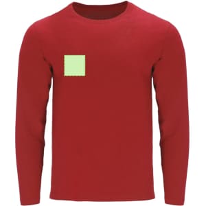 A red long-sleeve T-shirt featuring a small square patch, with a logo on it.