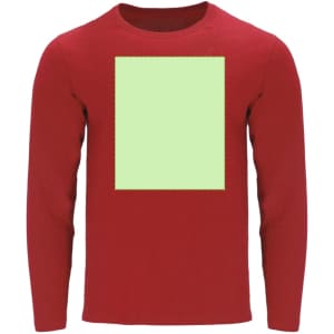 A red adult long-sleeve t-shirt featuring a blank green rectangle in the centre and a logo on the front.