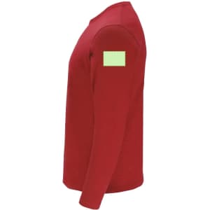 A red long-sleeve adult T-shirt with a logo on the sleeve.