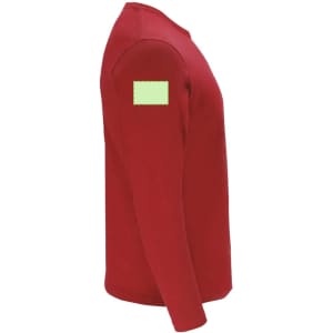 A red adult long sleeve T-shirt featuring a green patch on the shoulder and a logo.