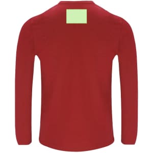 A red adult T-shirt with long sleeves and a blank area on the back, featuring a logo.