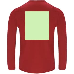 A red adult long-sleeve T-shirt with a blank green square on the back and a logo on the front.