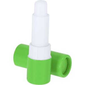 A green lip balm container with a white applicator, featuring a simple design and a logo.