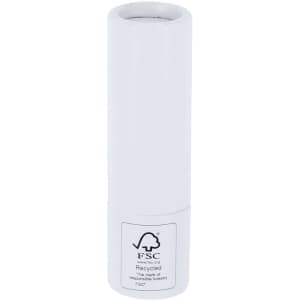 A white cylindrical lip balm container with a branded label, designed for health and personal care.