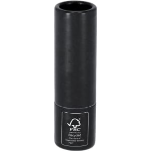 A black cylindrical container with a logo, made from recycled materials, designed for lip balm.