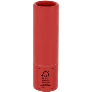 A cylindrical red lip balm container with a logo, made from recycled materials.