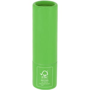 A green lip balm tube with a logo, featuring a cylindrical design and a twist-up mechanism.