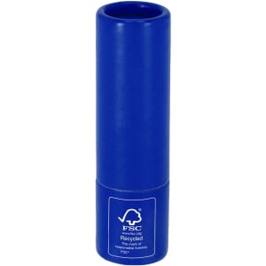 A blue lip balm container with a cylindrical shape and a logo on the base, made from recycled materials.