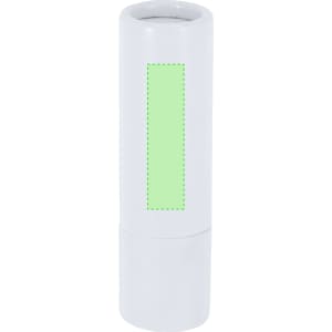 A cylindrical white lip balm container with a green section for branding or labelling.