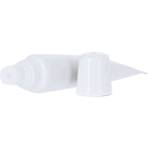 A white lip balm tube with a cap, featuring a smooth, tapered design. The tube is laid flat against the background.