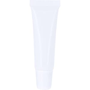 A white tube of lip balm with a tapered tip and a simple design. It features a branding logo.