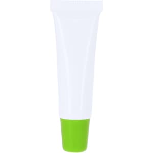 A white lip balm tube with a green cap, featuring a smooth design and a branding logo.