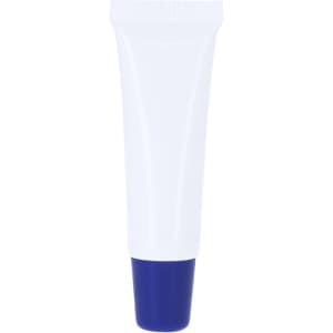 A white lip balm tube with a blue bottom, featuring a logo on the packaging.
