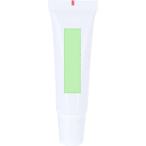 A tube of lip balm in white packaging with a green label area. It has a twist-up applicator at the tip.