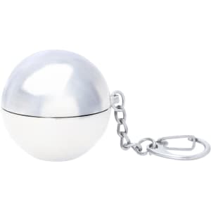 A silver spherical keyring lip balm with a chain attachment. The surface is shiny and reflective.