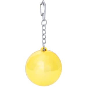 A yellow keyring lip balm with a shiny finish, attached to a silver chain. It features a branding logo.