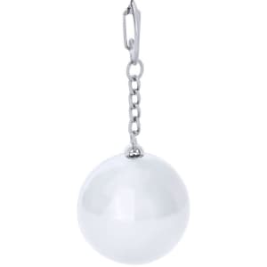 A white keyring lip balm with a shiny, spherical design attached to a metallic chain. It has a logo on the surface.