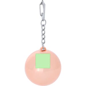 A peach-coloured keyring lip balm with a metal clip and chain attachment. It features an area for branding.