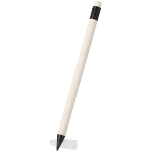 A grey-lead pencil with a white body and black tip, featuring a black textured grip and a logo.