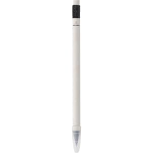 A grey-lead pencil featuring a sleek white body and a clear conical tip, with a branding logo on top.