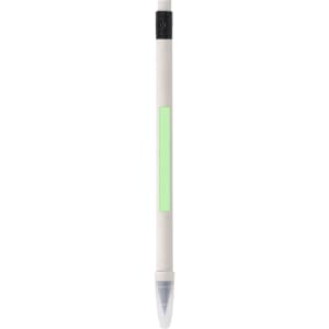 A grey-lead pencil with a white body, black cap, and a green highlight area. Features branding at the top.