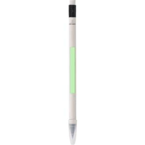 A grey-lead pencil with a white body, black top, and a light green grip section; features a logo.
